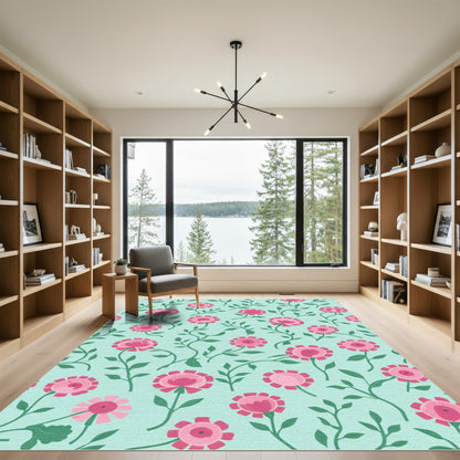 Pink Floral Vine Mint Green Rug
