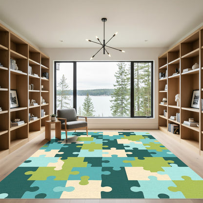Geometric Teal and Lime Puzzle Block Rug