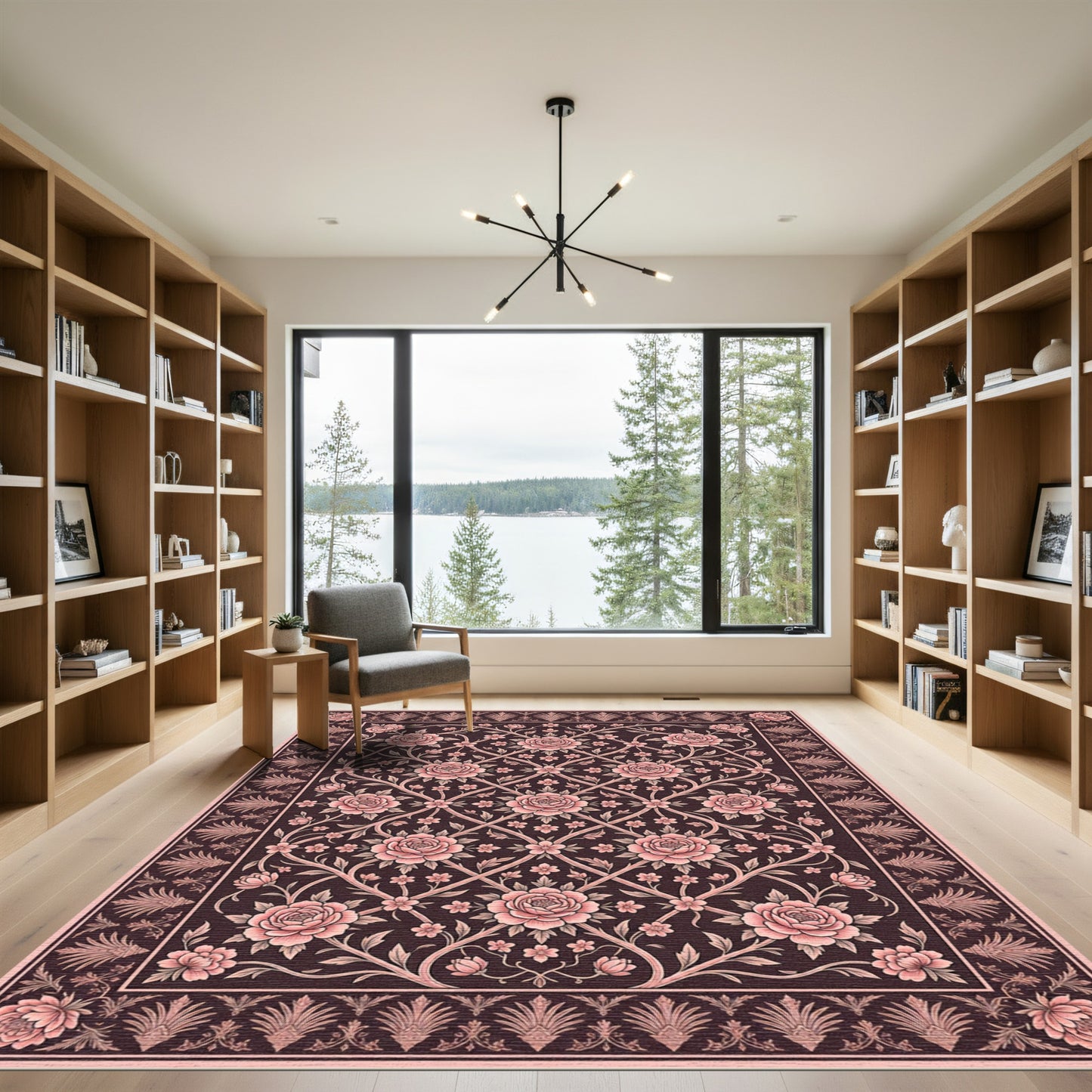 Rose Floral Lattice Dark Background Rug