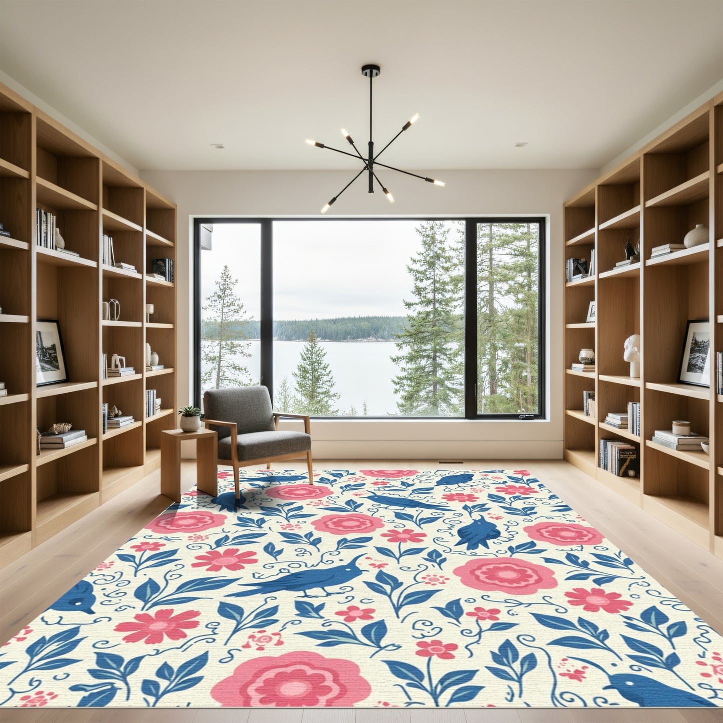 Blue Birds Pink Floral Garden Rug