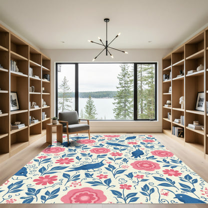 Blue Birds Pink Floral Garden Rug