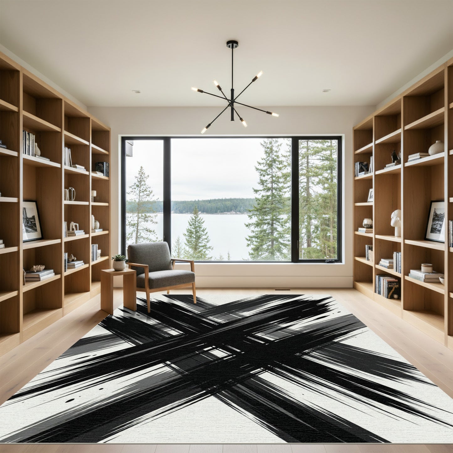 Bold Black Abstract Brushstroke Grid Rug