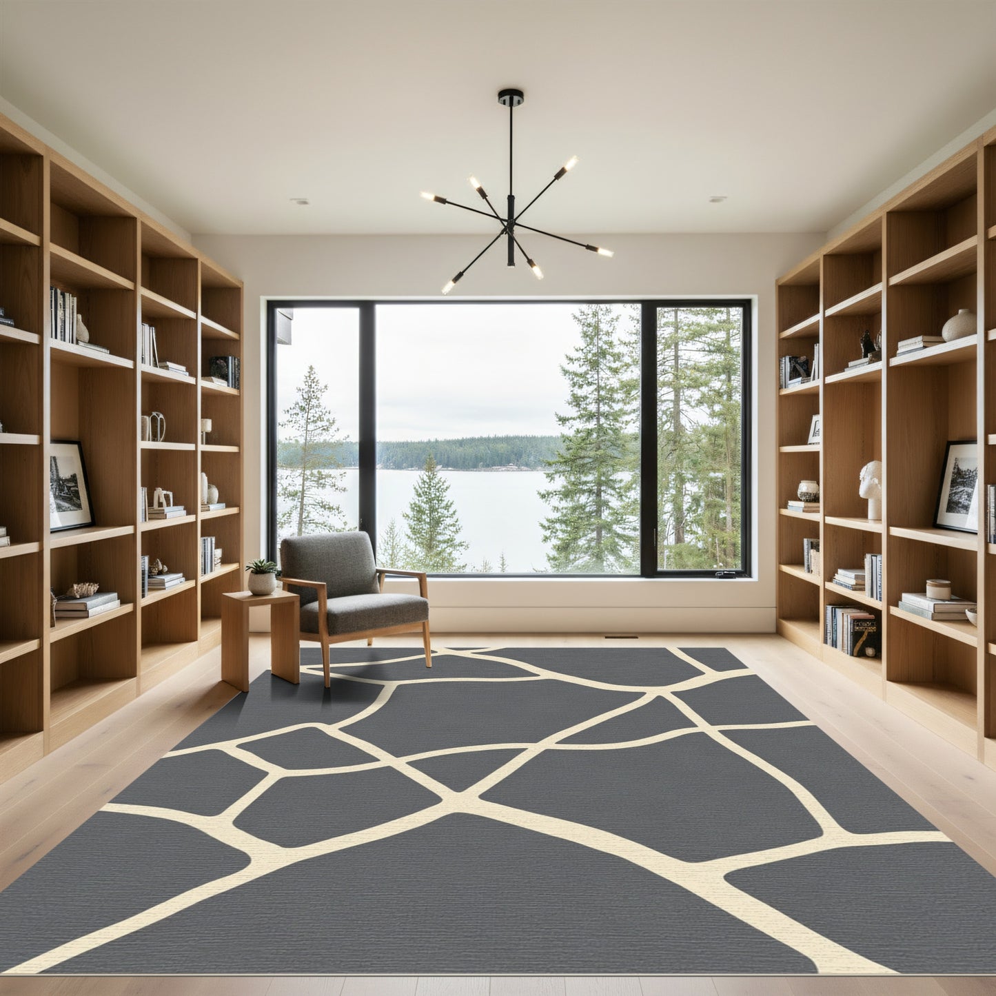 Cream Lines Dark Gray Abstract Rug