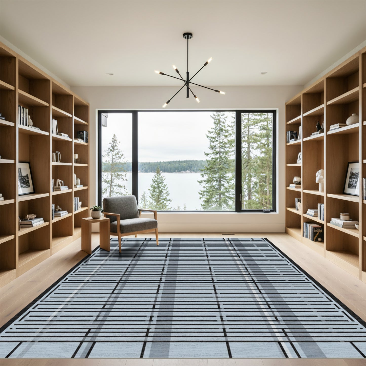 Light Blue Horizontal Stripe Grid Rug