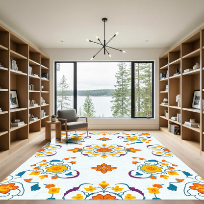 Vibrant Orange Yellow Floral Medallion Rug
