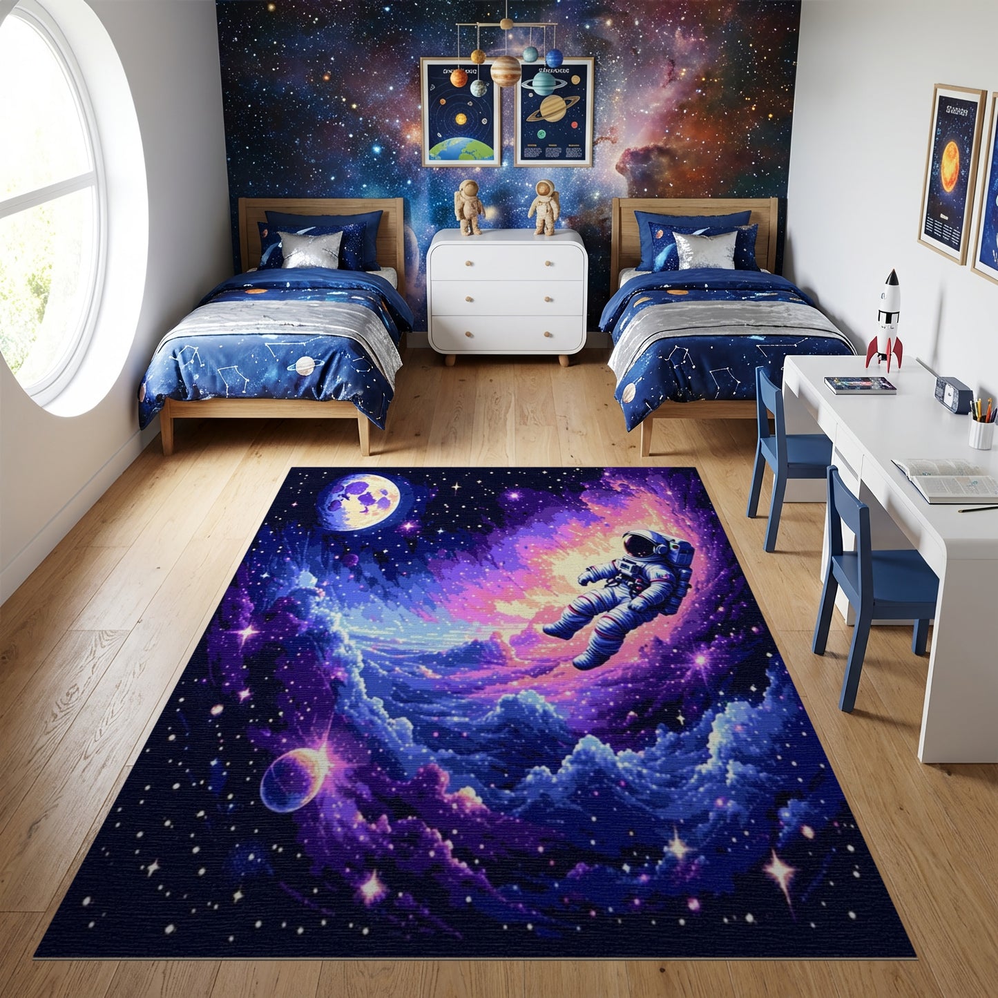 Vibrant Astronaut Nebula Stars Moon Rug