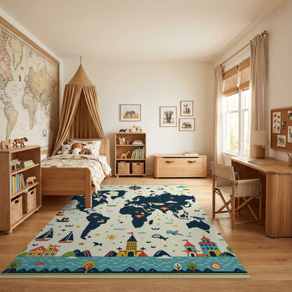 Whimsical Nautical World Map Adventure Rug