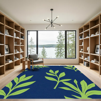 Navy Blue Green Leaf Branch Art Rug