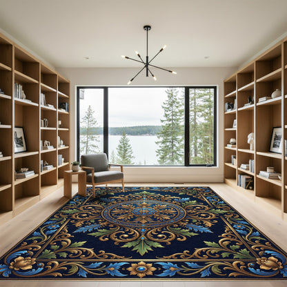 Ornate Gold Blue Floral Scrollwork Rug