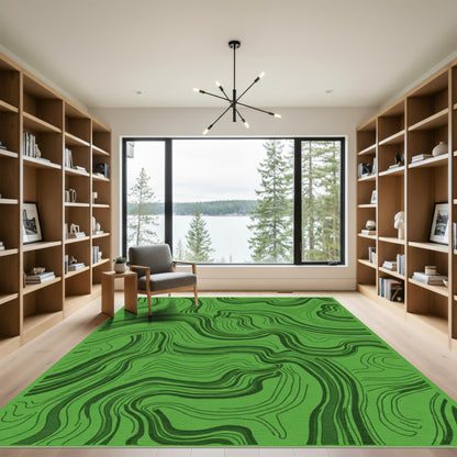 Deep Green Wavy Line Abstract Rug