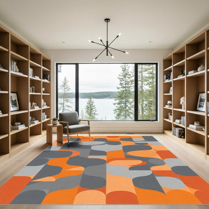 Wavy Orange Gray Geometric Blocks Rug