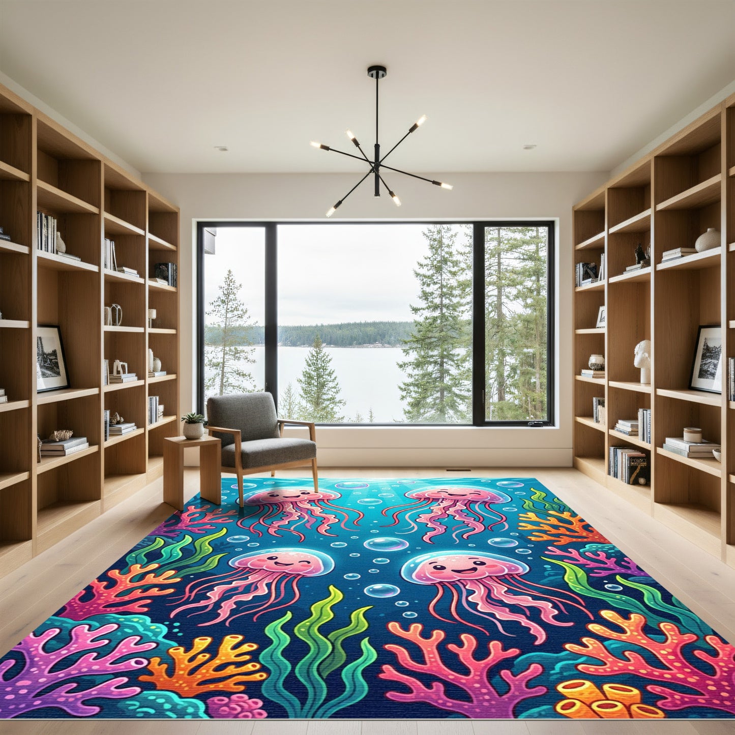 Whimsical Underwater Pink Jellyfish Coral Reef Rug