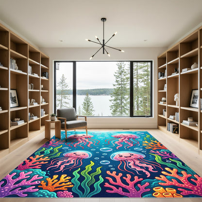 Whimsical Underwater Pink Jellyfish Coral Reef Rug