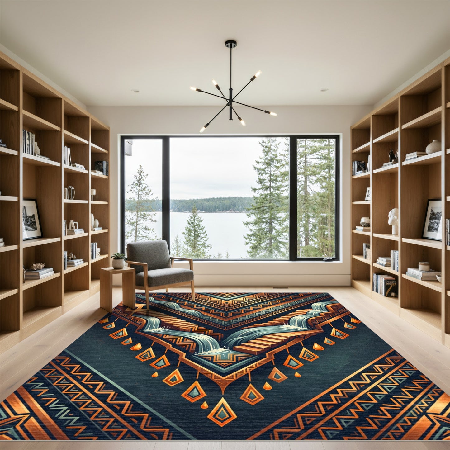 Geometric Waterfall V-Shape Copper Teal Illustration Rug