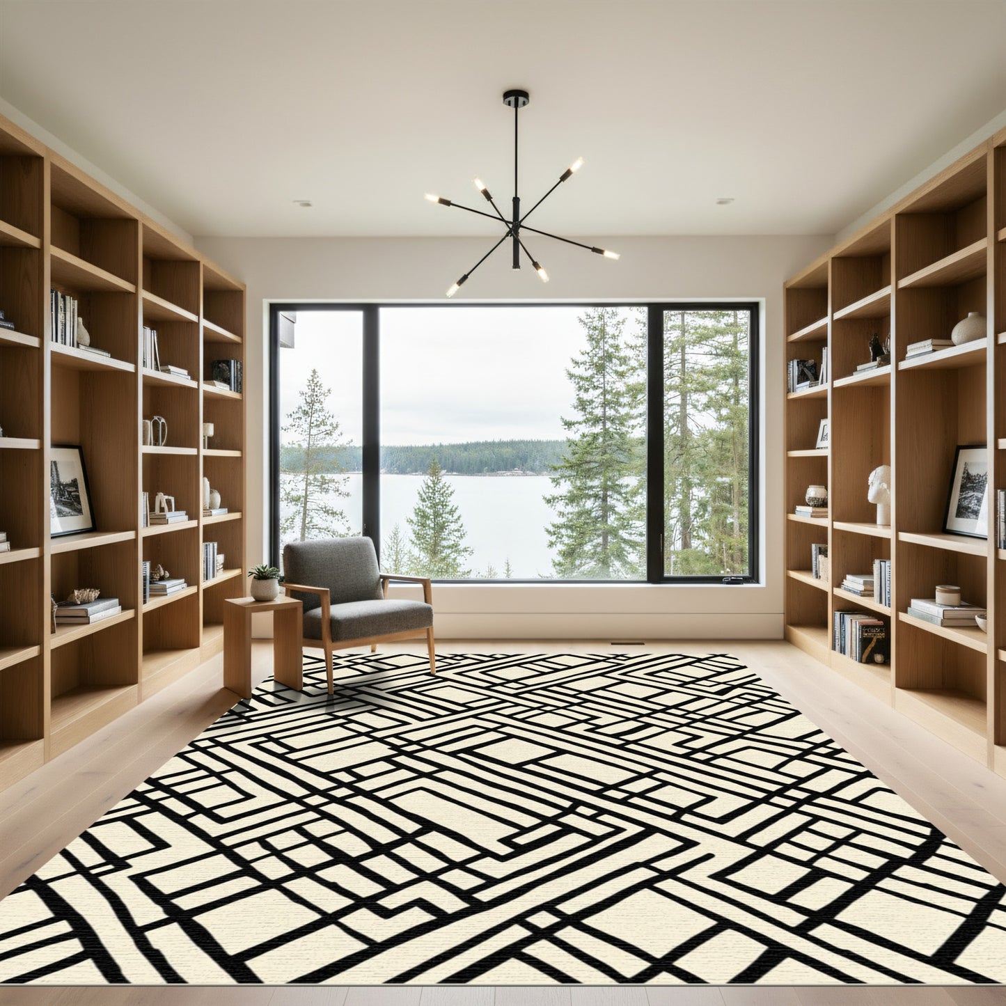 Abstract Black Geometric Pathway Rug