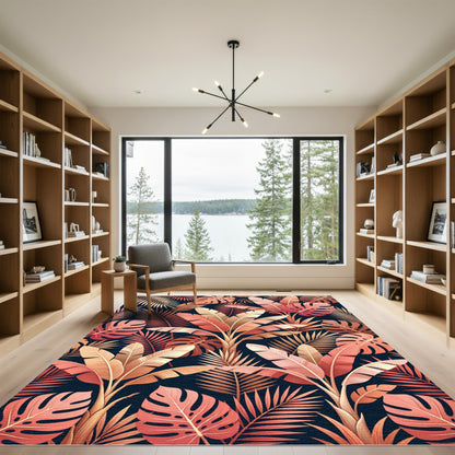 Coral Pink Tropical Jungle Leaves Rug