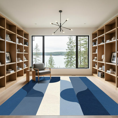 Deep Blue Abstract Curved Stripe Rug