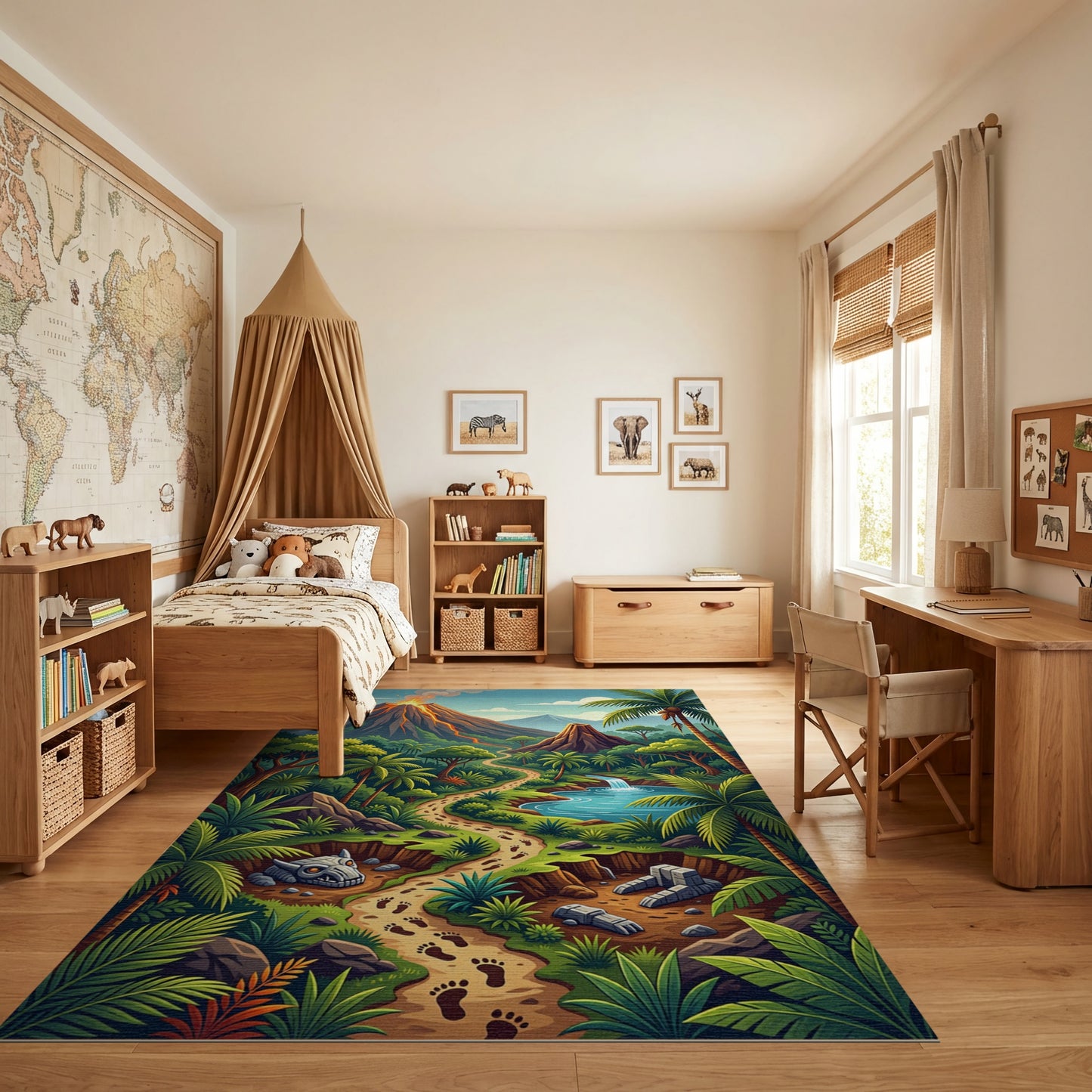 Vibrant Jungle Volcano Dino Path Rug