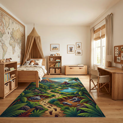 Vibrant Jungle Volcano Dino Path Rug