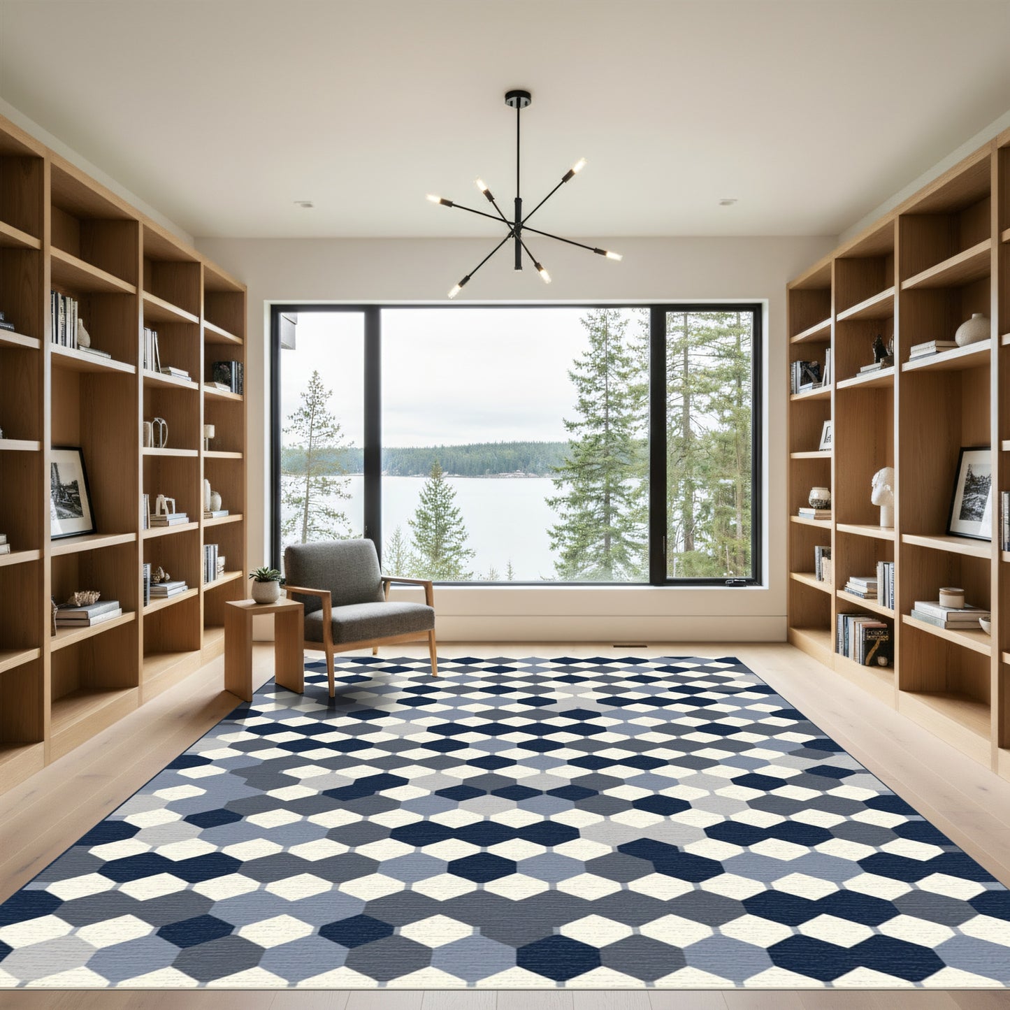 Navy Blue Gray Hexagon Tessellation Rug