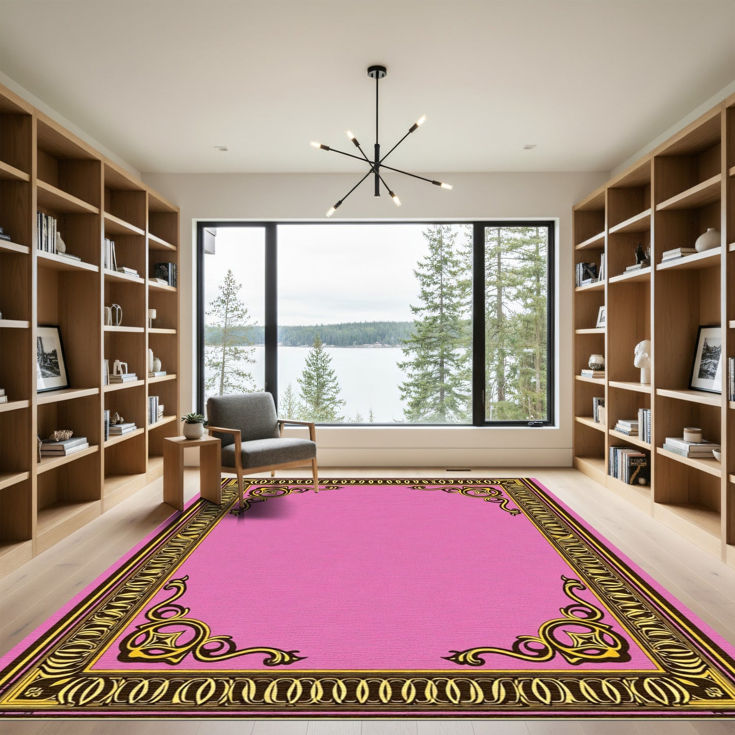 Pink And Gold Ornate Scroll Rug