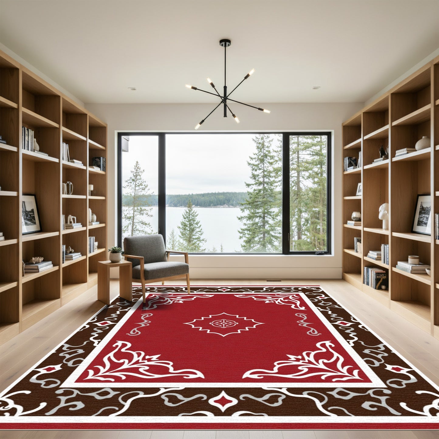 Crimson White Scrollwork Mandala Rug