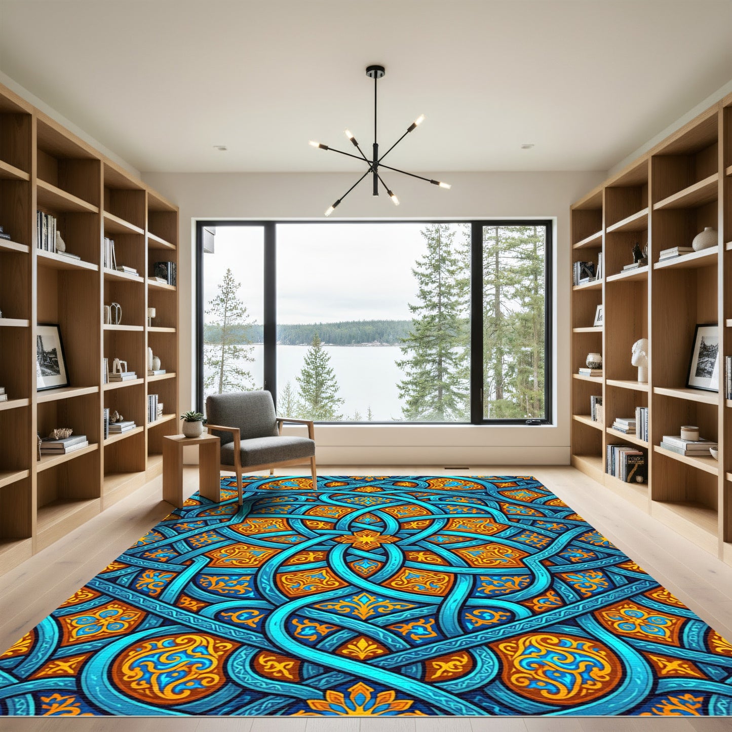Intricate Azure Blue Intertwining Gold Filigree Rug