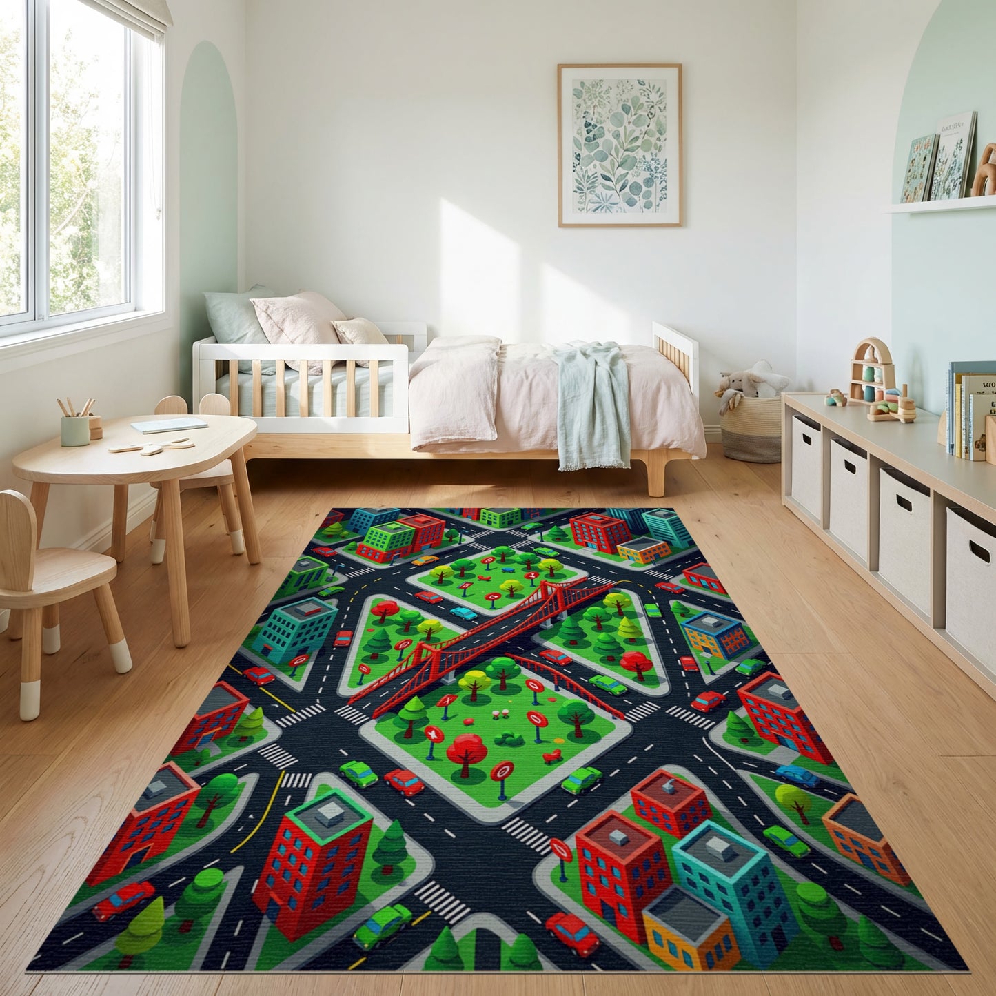 Vibrant Isometric City Bridge Rug