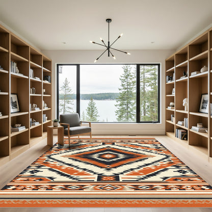 Orange Black Cream Diamond Tribal Rug