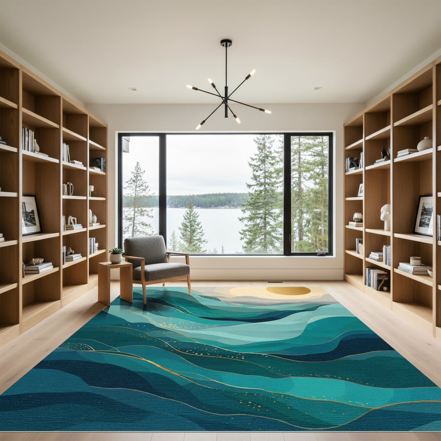 Emerald Teal Abstract Wavy Lines Rug