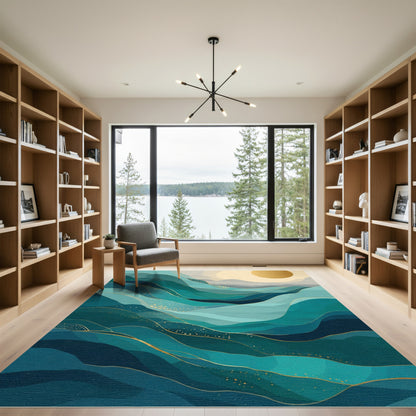 Emerald Teal Abstract Wavy Lines Rug