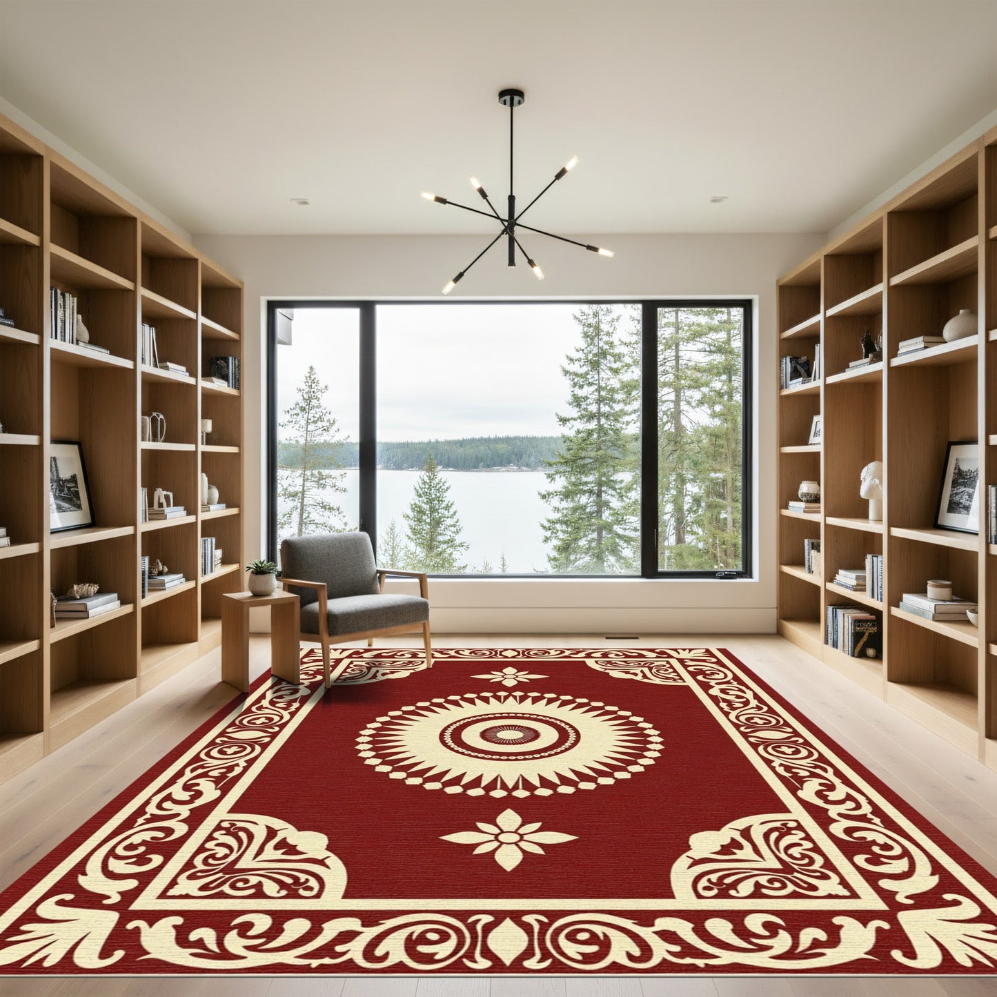 Crimson Sunburst Floral Scroll Border Rug