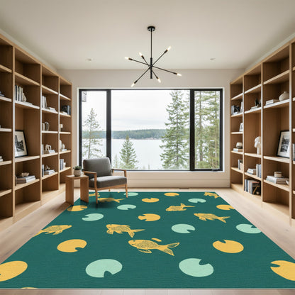 Golden Fish Teal Lily Pads Rug