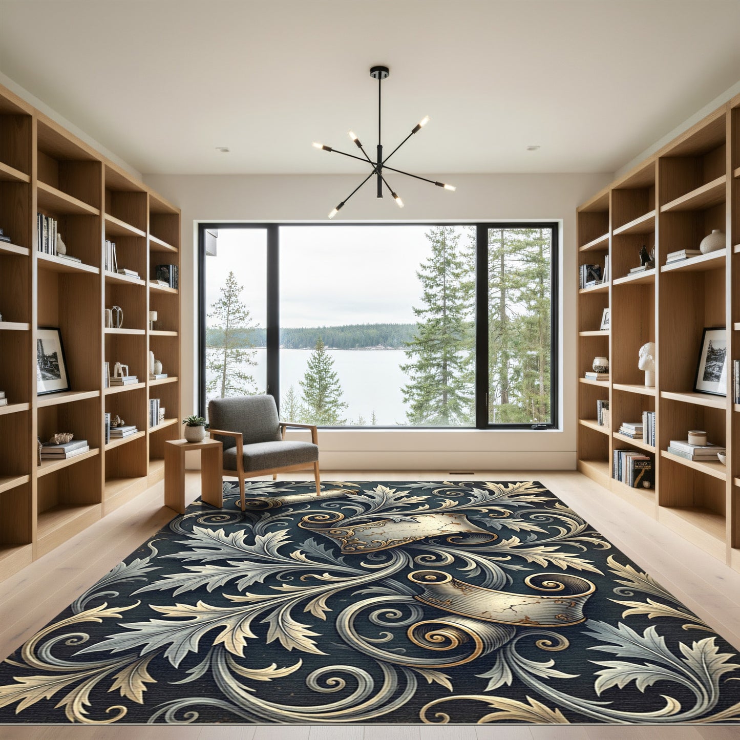 Elegant Acanthus Scroll Cream Charcoal Rug