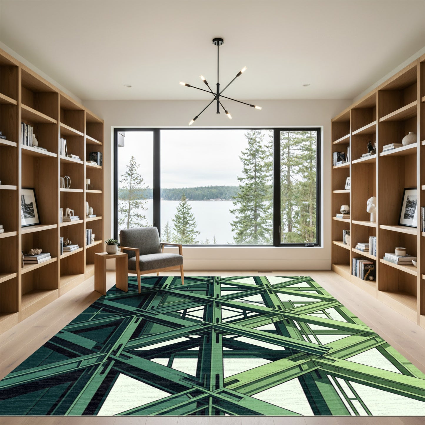 Green Geometric Steel Beam Composition Rug