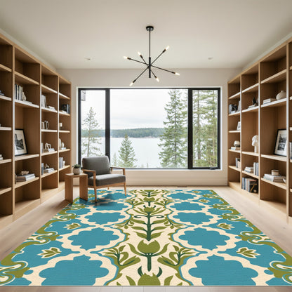 Teal Blue Green Floral Scroll Rug