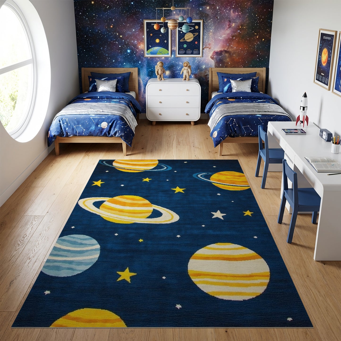 Navy Ringed Planets Stars Cosmic Rug