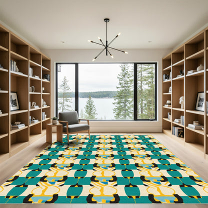 Teal Yellow Abstract Column Composition Rug