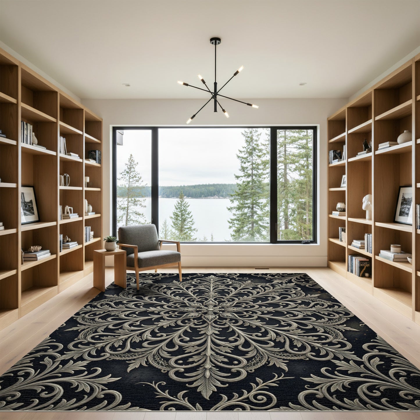 Elegant Charcoal Gray Damask Medallion Rug