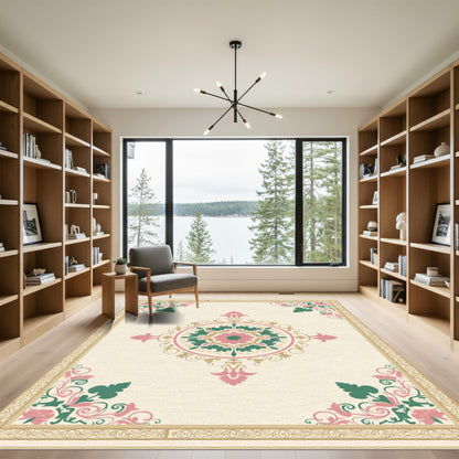 Cream Pink Green Floral Medallion Frame Rug