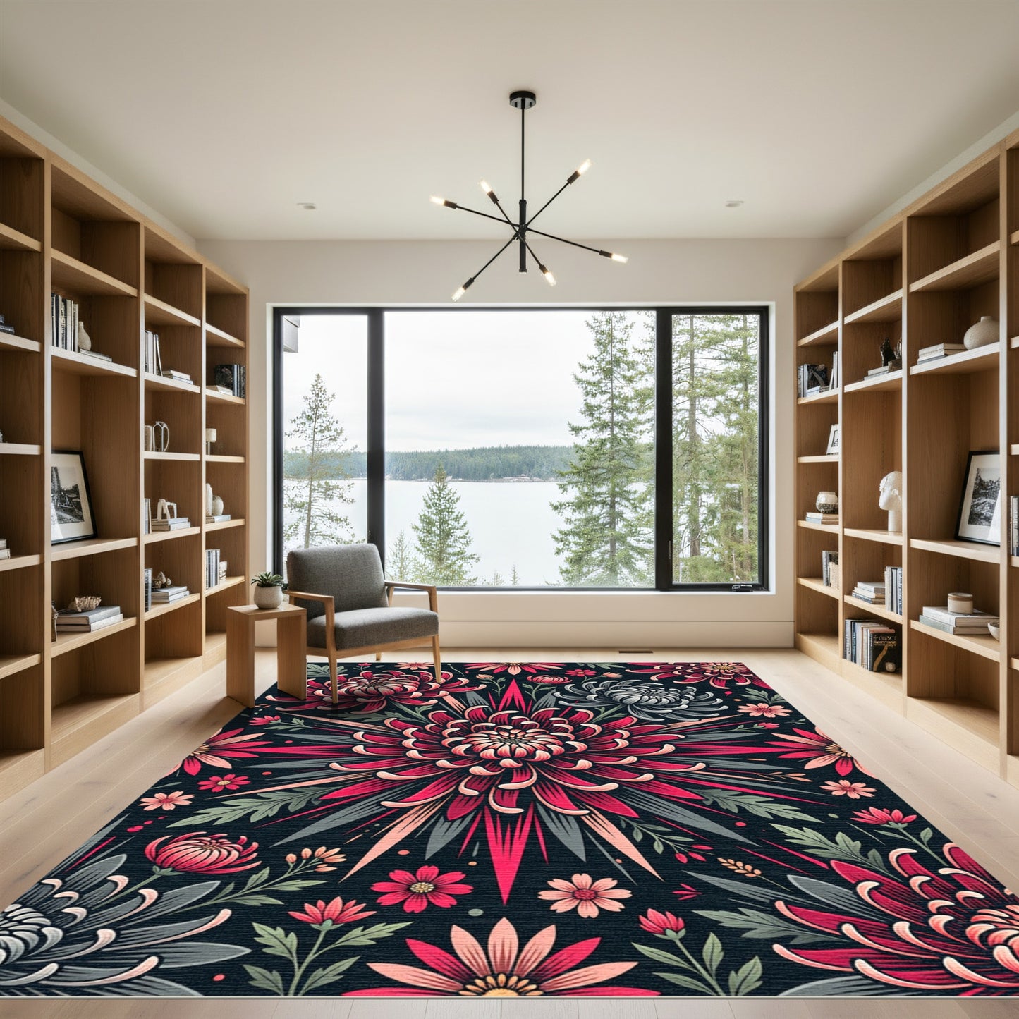 Vibrant Crimson Chrysanthemum Floral Medallion Rug