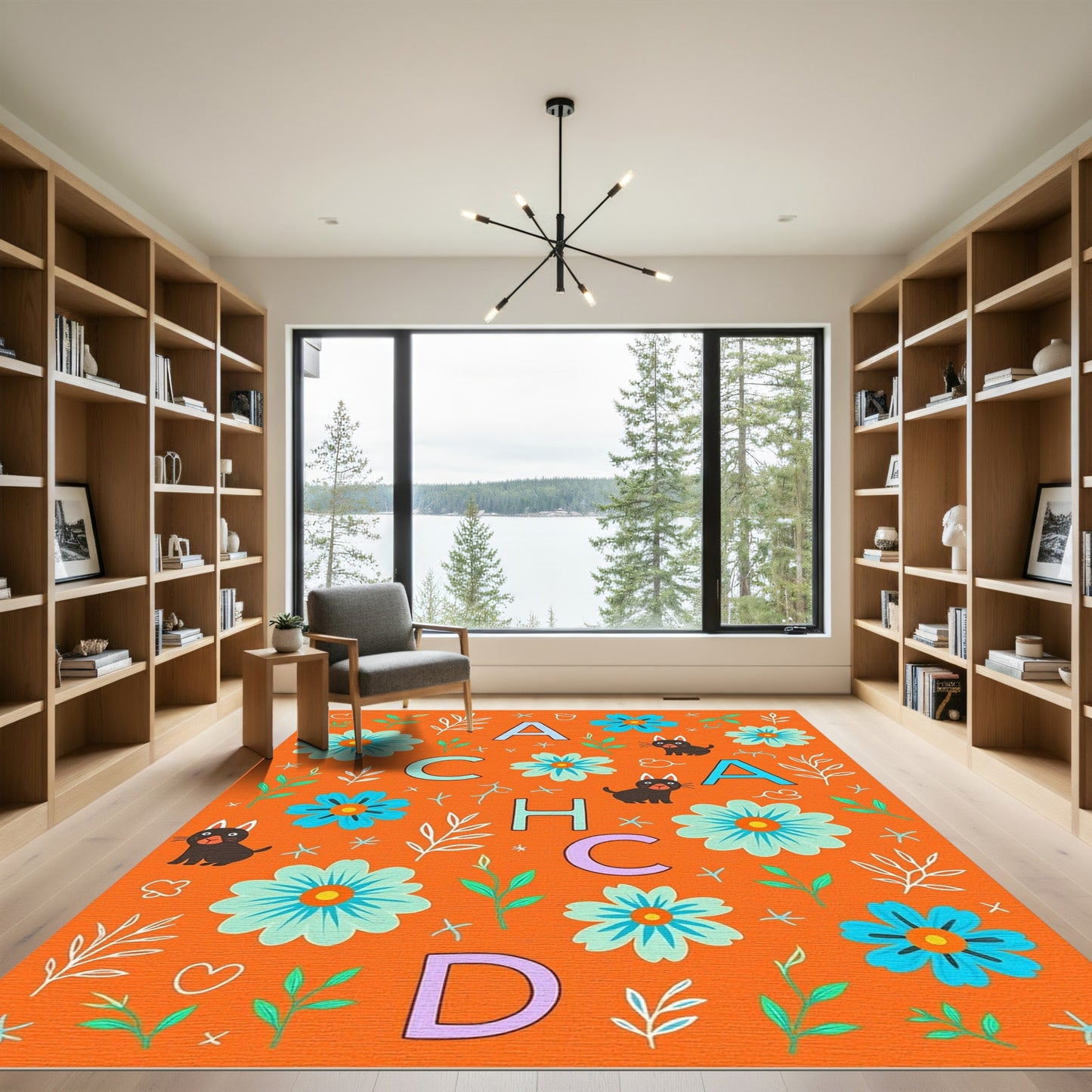 Orange Floral Whimsical Cats Alphabet Rug