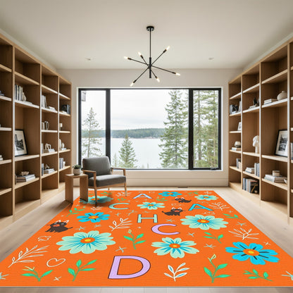 Orange Floral Whimsical Cats Alphabet Rug
