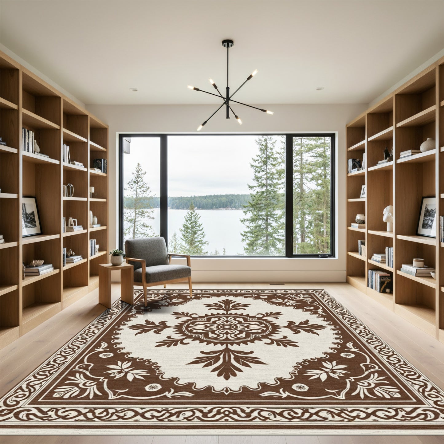 Brown Floral Medallion Scroll Border Rug