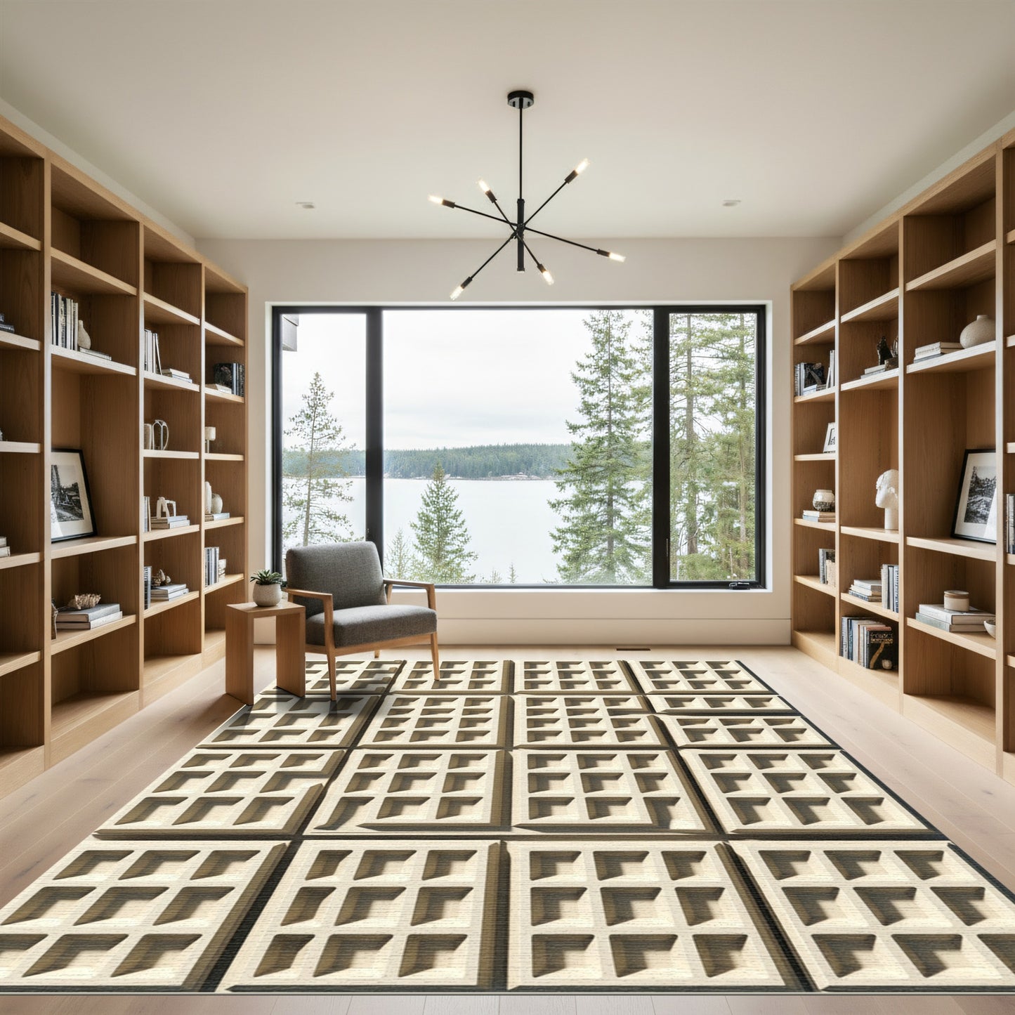 Cream Geometric Square Grid Rug