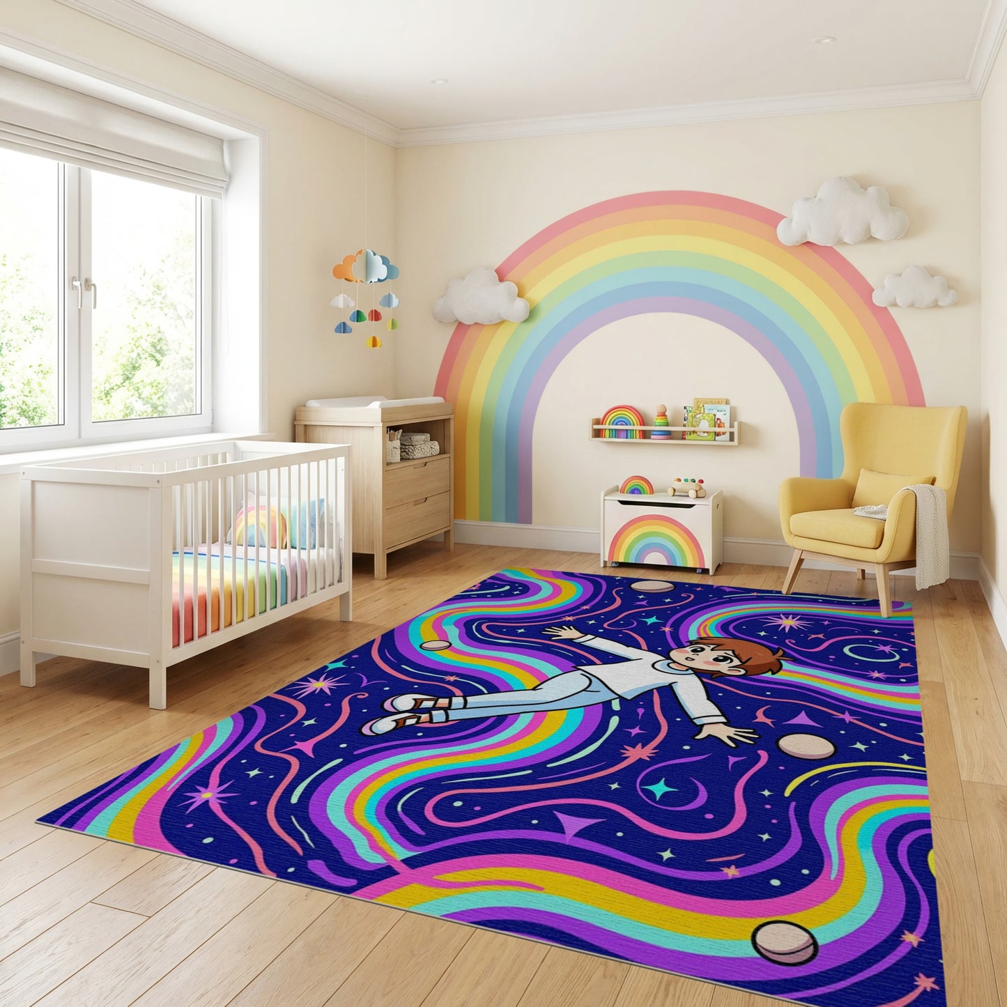 Cosmic Rainbow Waves Floating Boy Stars Rug