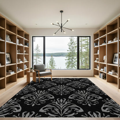 Black Silver Damask Floral Scroll Rug