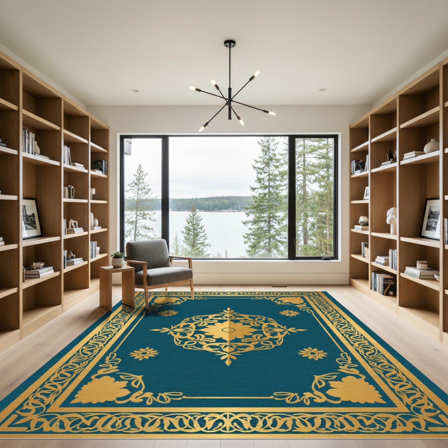 Ornate Teal Gold Floral Medallion Rug