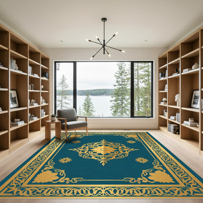 Ornate Teal Gold Floral Medallion Rug