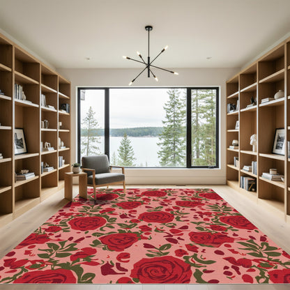 Romantic Red Rose Floral Swirl Rug